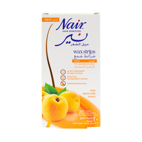 Nair Hair Removal Wax Strips 20 Clear Wax Strips With Apricot Milk extract (Facef & sensitive skin)